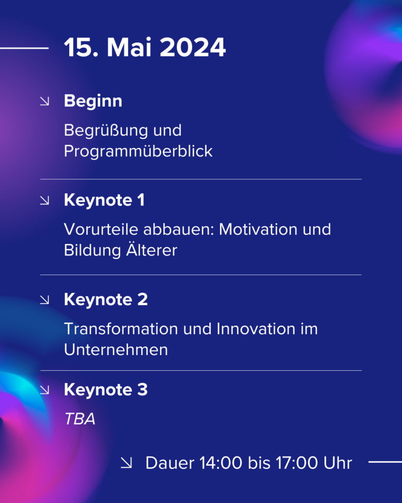 Programm Demografietagung, am 15. Mai von 14:00-17:00 Uhr: Beginn und Begrüßung, Keynotes 1-3