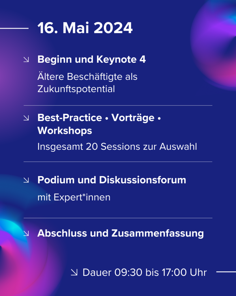 Programm Demografietagung, am16. Mai von 09:30-17:00 Uhr: Beginn und Keynote 4, insgesamt 20 Workshops, Vorträge und Best-Practice-Vorstellungen zum Auswählen, Diskussionsforum, Zusammenfassung und Abschluss